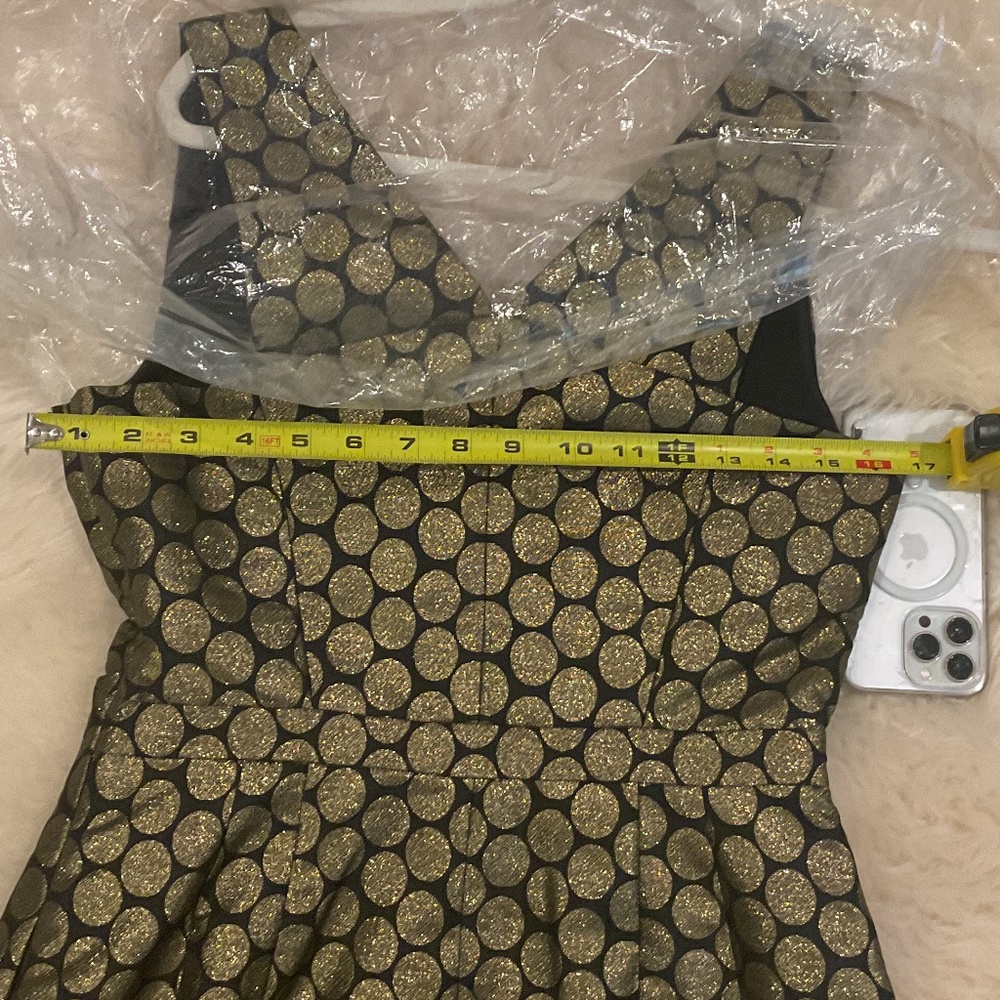 J Crew Factory Size 4 Dress Gold Black Metallic Dot Jacquard V Neck Dress - Picture 6 of 6